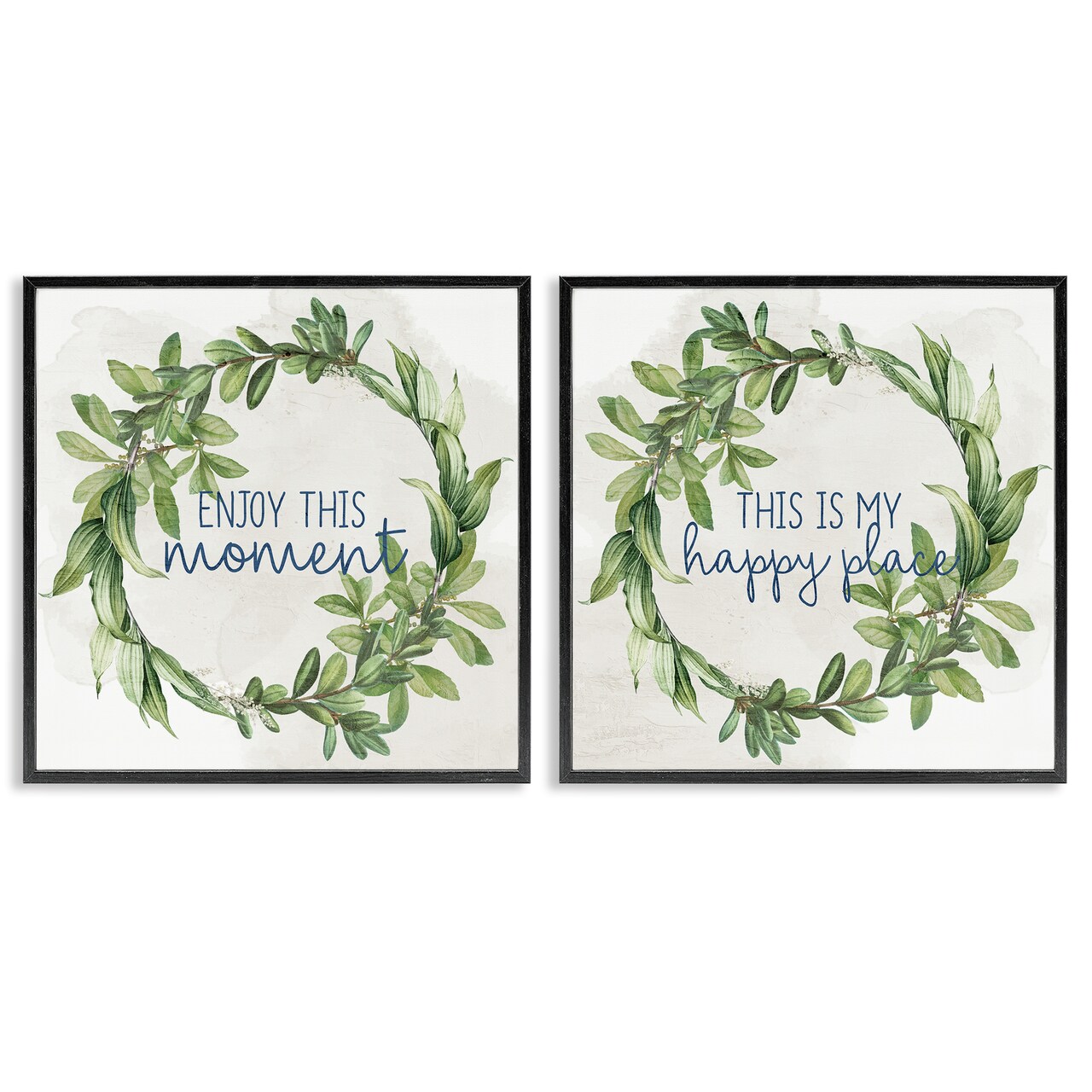 Stupell Industries Enjoy Happy Greenery Wreath 2 pc Framed Giclee Wall Art Set Design by Ann Bailey